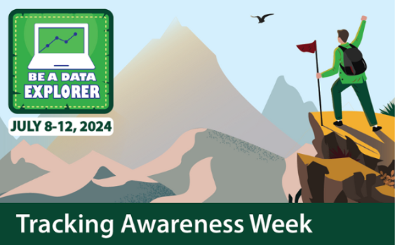 A man is standing on a mountaintop with the words Be a Data Explorer July 8-12, 2024- Tracking Awareness Week across the scene.
